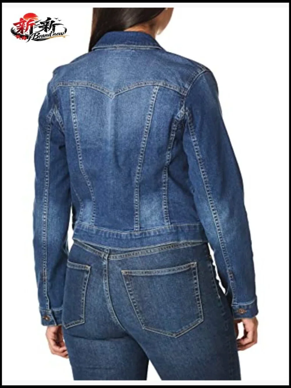 Crop Jean Jacket with Button Front, Chest Pockets, Long Sleeve